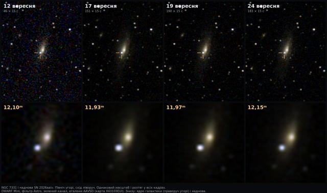 Галактика NGC 7331 + SN 2026aaiv · C 30, астрофото з міського балкона, DWARF Mini