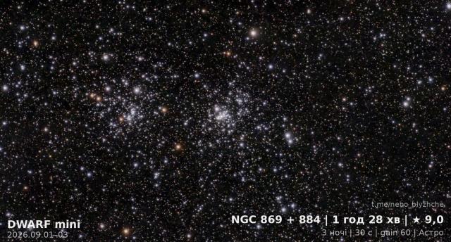 Подвійне скупчення Персея (h Persei) · NGC 869, астрофото з міського балкона, DWARF Mini